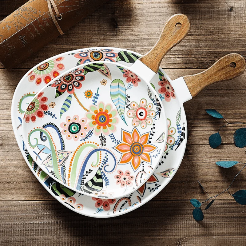 Ceramic Floral Plate With Handle - Glova