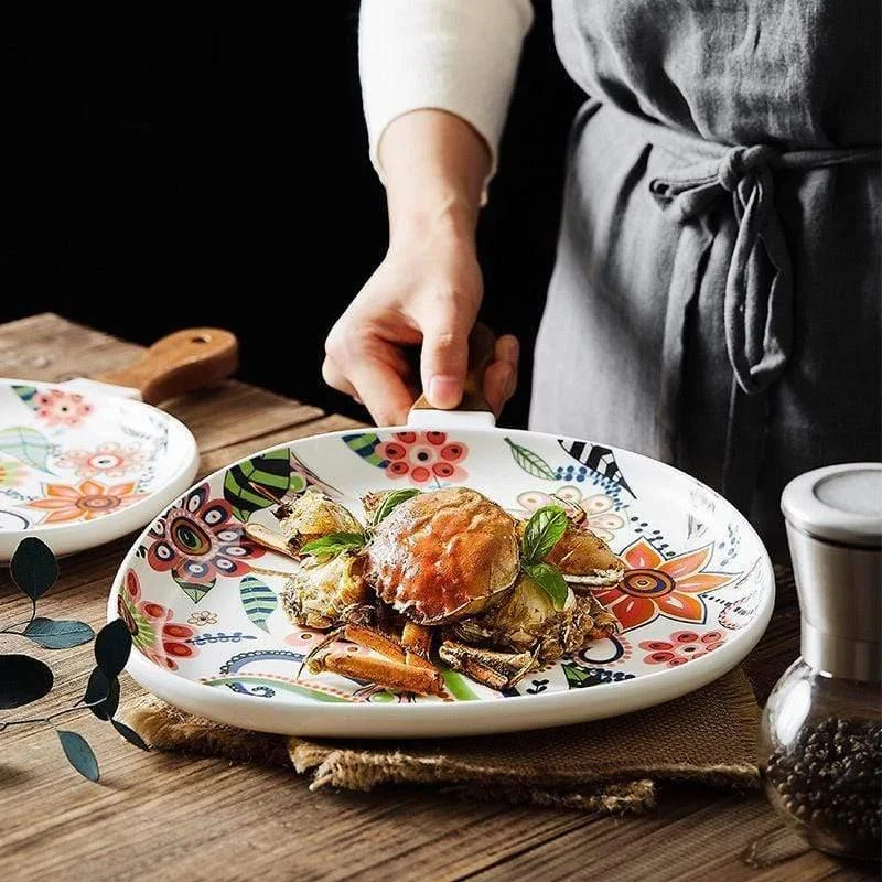 Ceramic Floral Plate With Handle - Glova