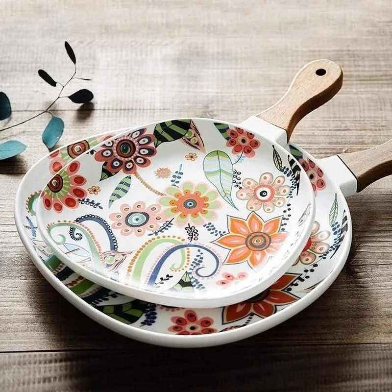 Ceramic Floral Plate With Handle - Glova