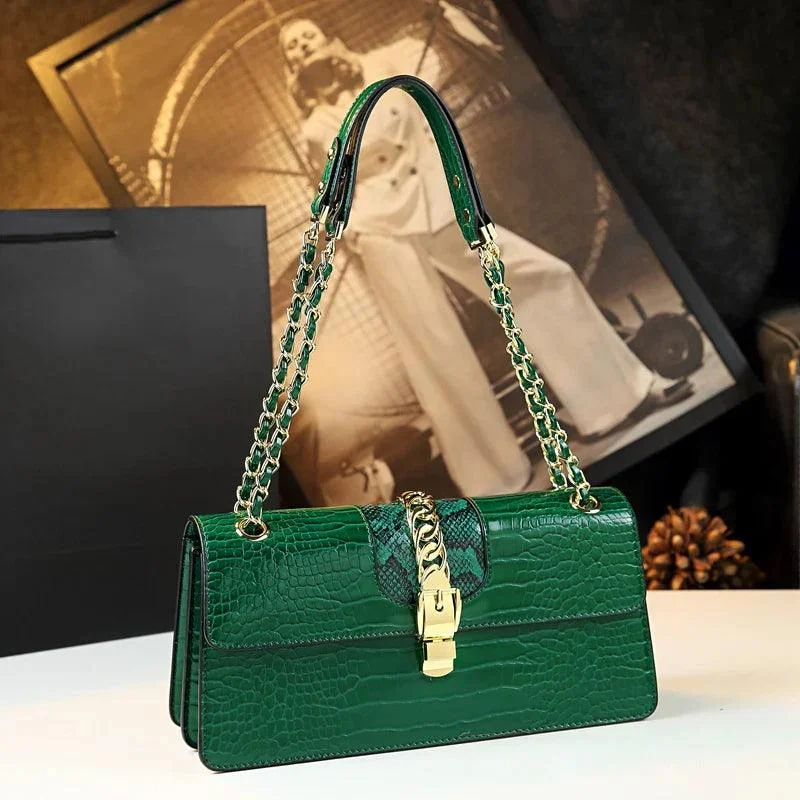 Chain Strap Textured Pattern Leather Women's Hand Bags - Glova