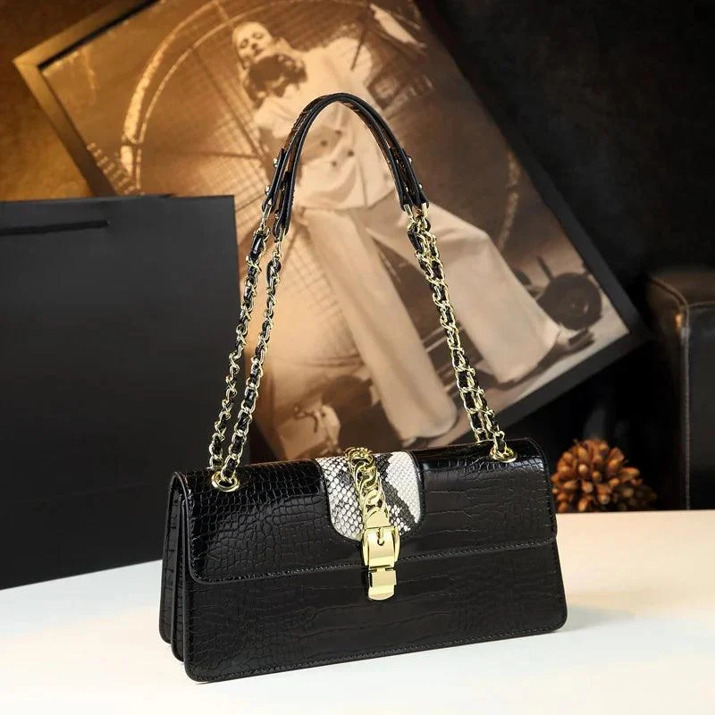 Chain Strap Textured Pattern Leather Women's Hand Bags - Glova