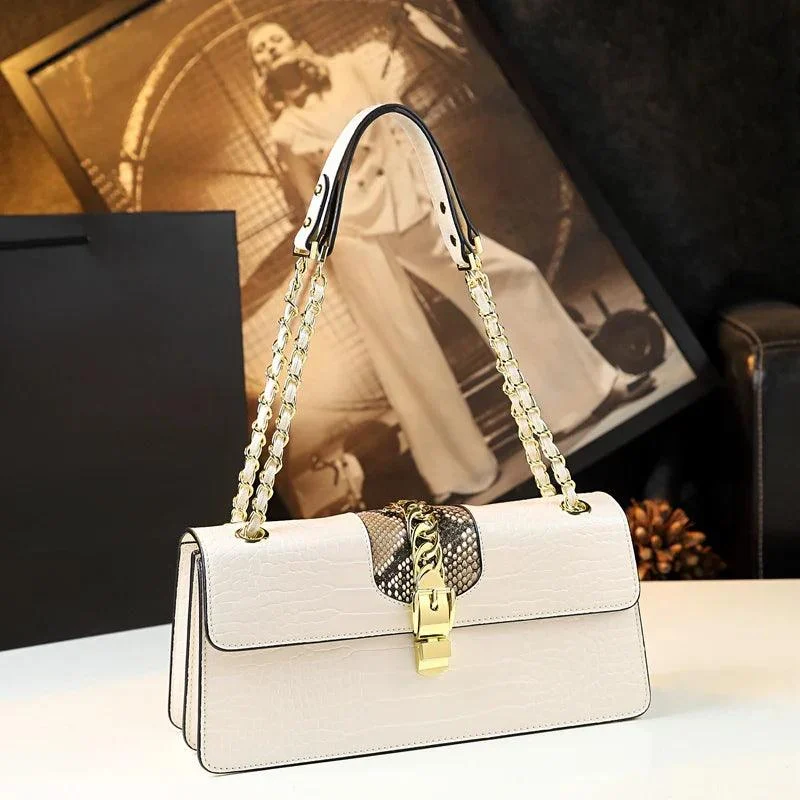 Chain Strap Textured Pattern Leather Women's Hand Bags - Glova