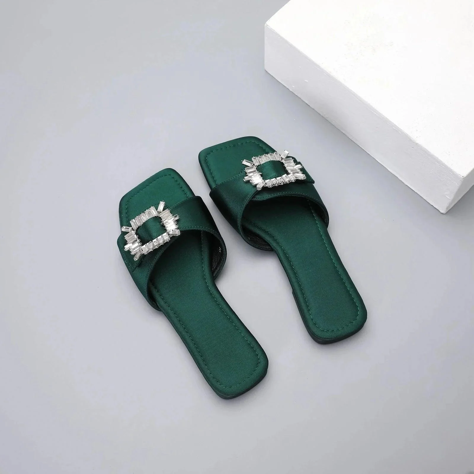 Chaitali Rhinestone Buckled Satin Slippers - 5 Colors - Glova