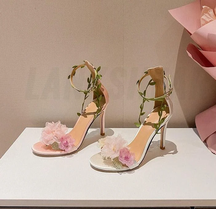 Chiffon Flower High Heels Rattan Strappy Sandals - Glova