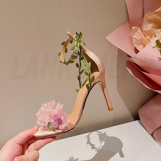 Chiffon Flower High Heels Rattan Strappy Sandals - Glova