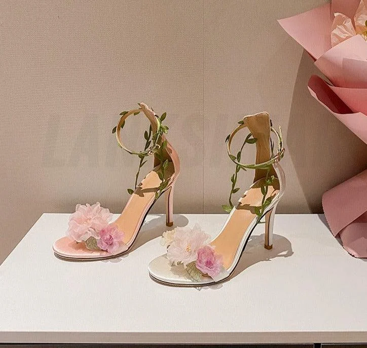 Chiffon Flower High Heels Strappy Sandal Shoes - Glova