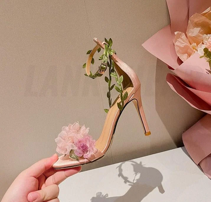 Chiffon Flower High Heels Strappy Sandal Shoes - Glova