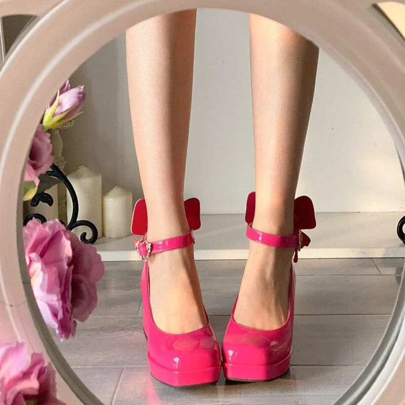 Chunky Heeled Buckle Strap Bow Pump Shoes - Glova