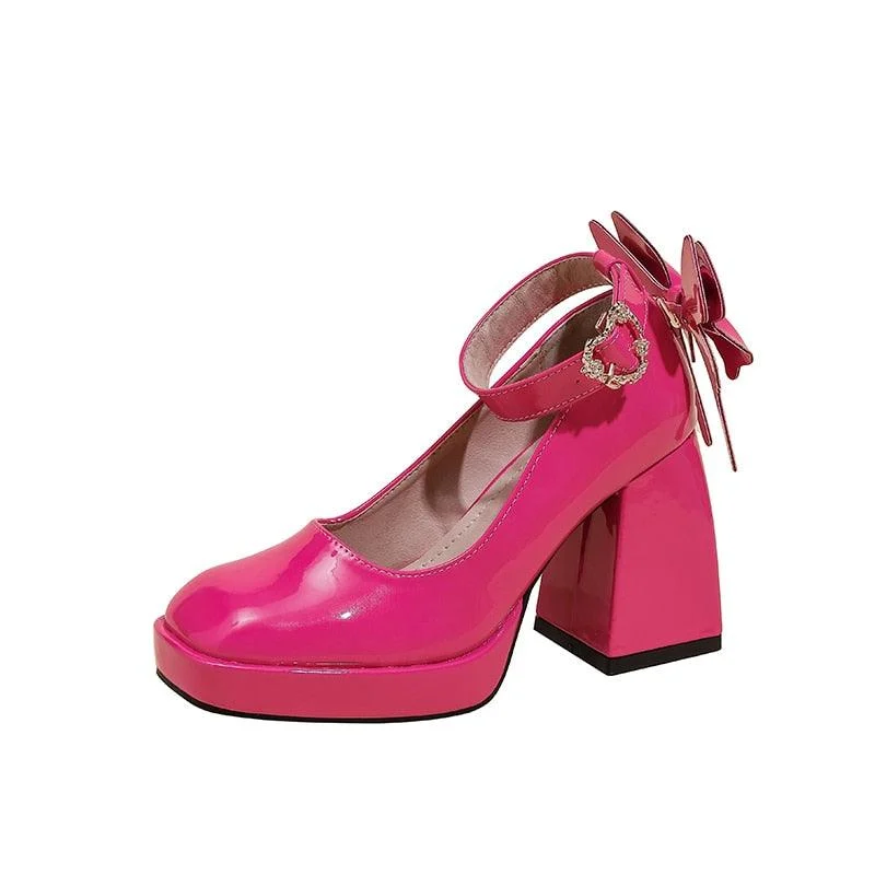 Chunky Heeled Buckle Strap Bow Pump Shoes - Glova