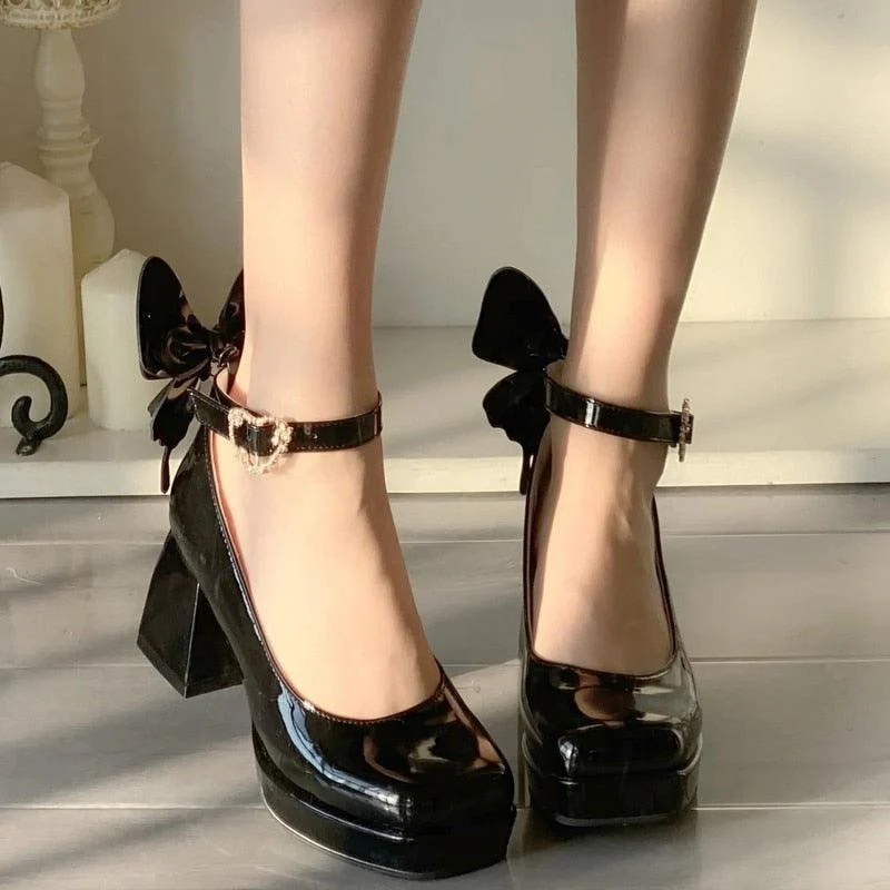 Chunky Heeled Buckle Strap Bow Pump Shoes - Glova