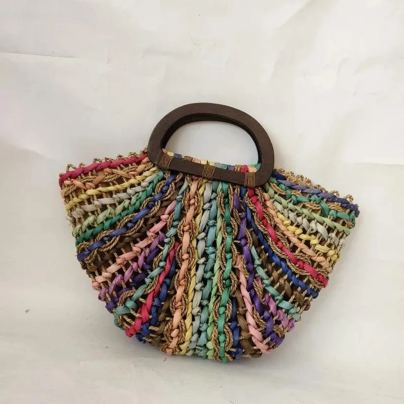 Chunky Rainbow Stripe Straw Basket Bag - Glova