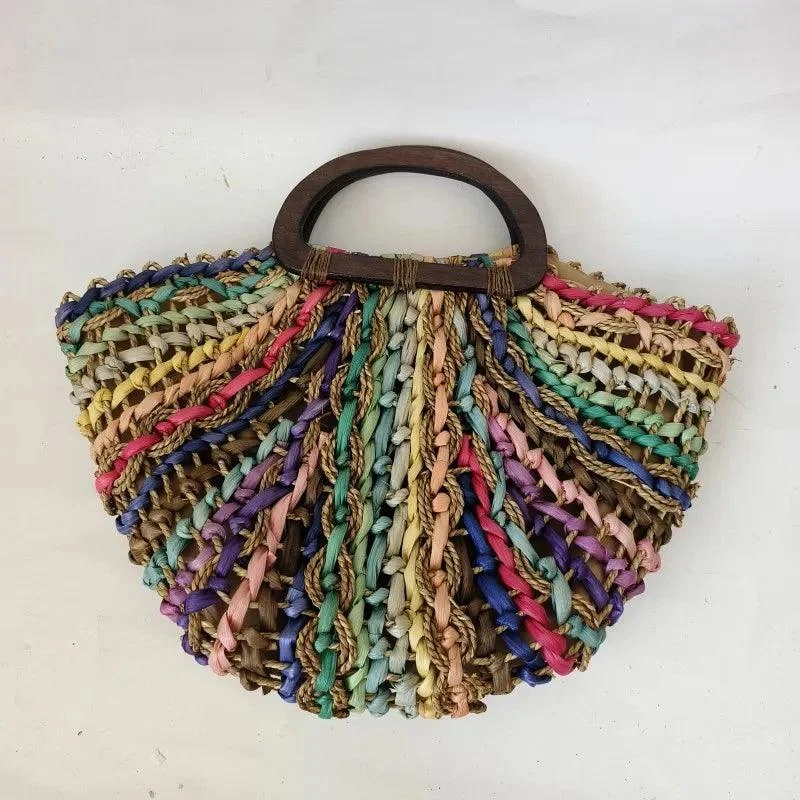 Chunky Rainbow Stripe Straw Basket Bag - Glova