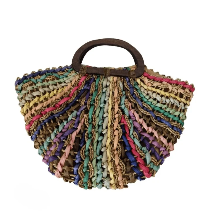 Chunky Rainbow Stripe Straw Basket Bag - Glova