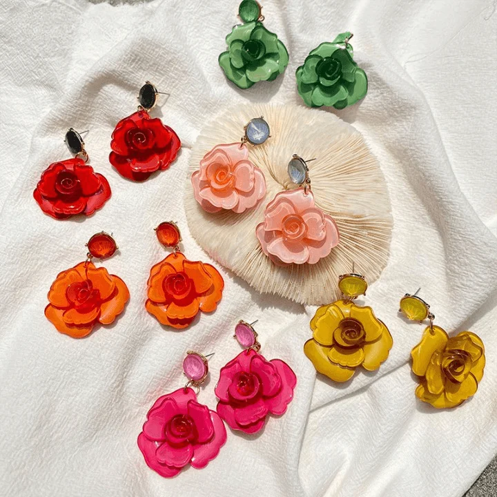 Clear Resin Rose Drop Earrings - 7 Colors - Glova