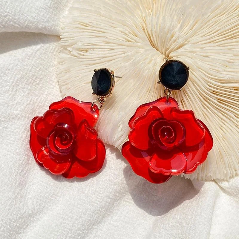 Clear Resin Rose Drop Earrings - 7 Colors - Glova