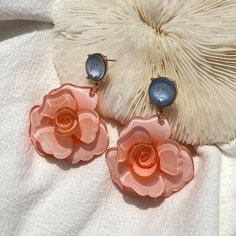 Clear Resin Rose Drop Earrings - 7 Colors - Glova