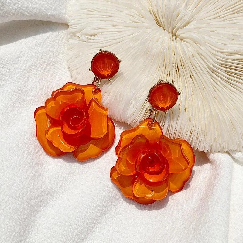 Clear Resin Rose Drop Earrings - 7 Colors - Glova