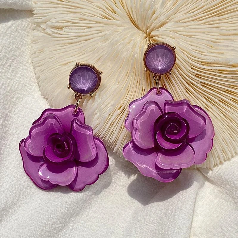 Clear Resin Rose Drop Earrings - 7 Colors - Glova