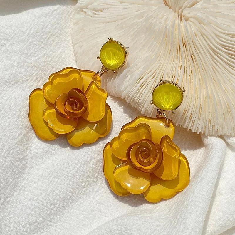 Clear Resin Rose Drop Earrings - 7 Colors - Glova