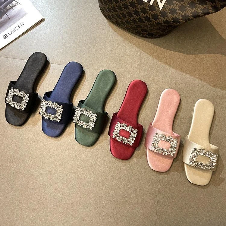 Cleo Rhinestone Embellishment Satin Slippers - 6 Colors - Glova