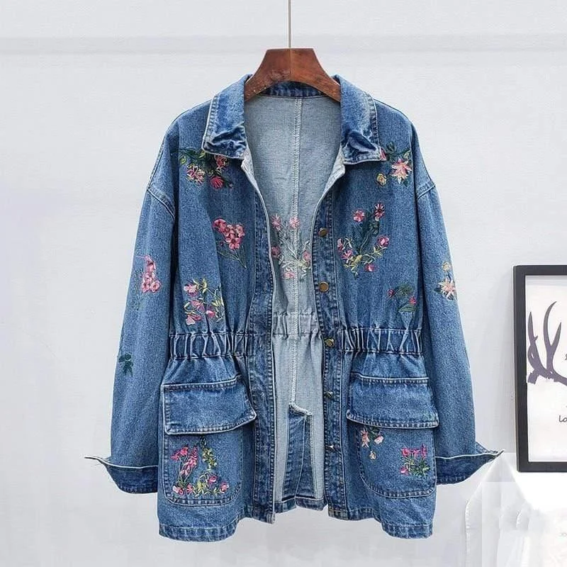 Clover Floral Embroidery Denim Jacket - Glova