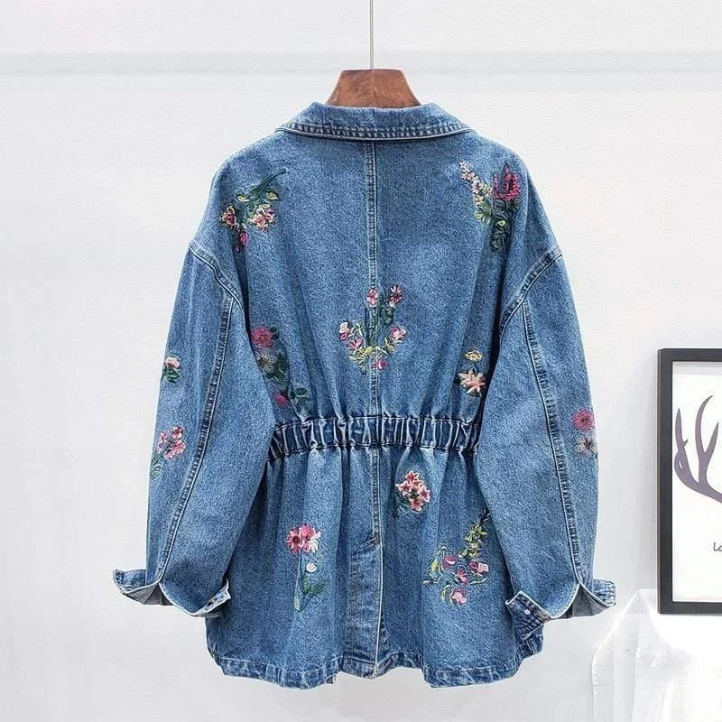 Clover Floral Embroidery Denim Jacket - Glova