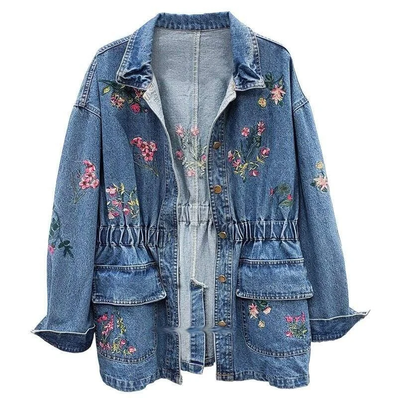 Clover Floral Embroidery Denim Jacket - Glova