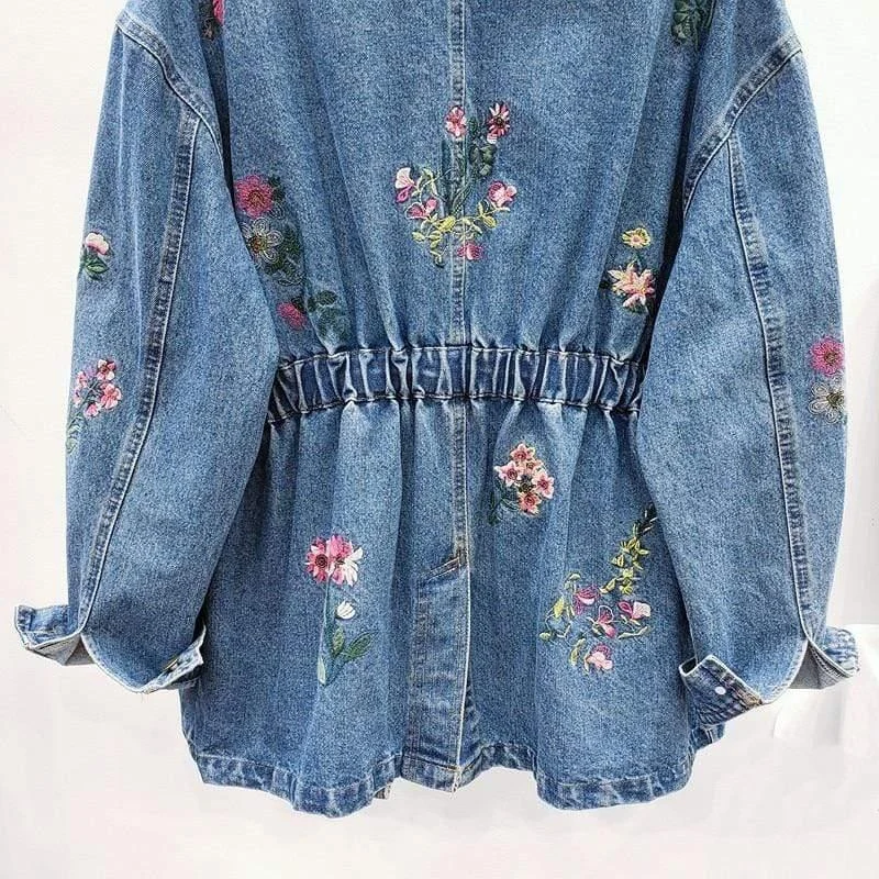 Clover Floral Embroidery Denim Jacket - Glova