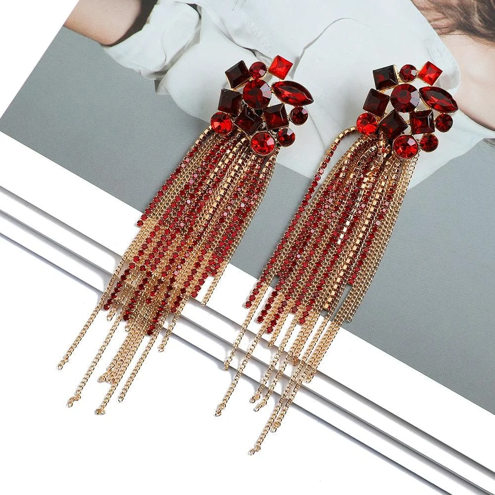 Colorful Rhinestone Tassel Cocktail Earrings - 5 Colors - Glova