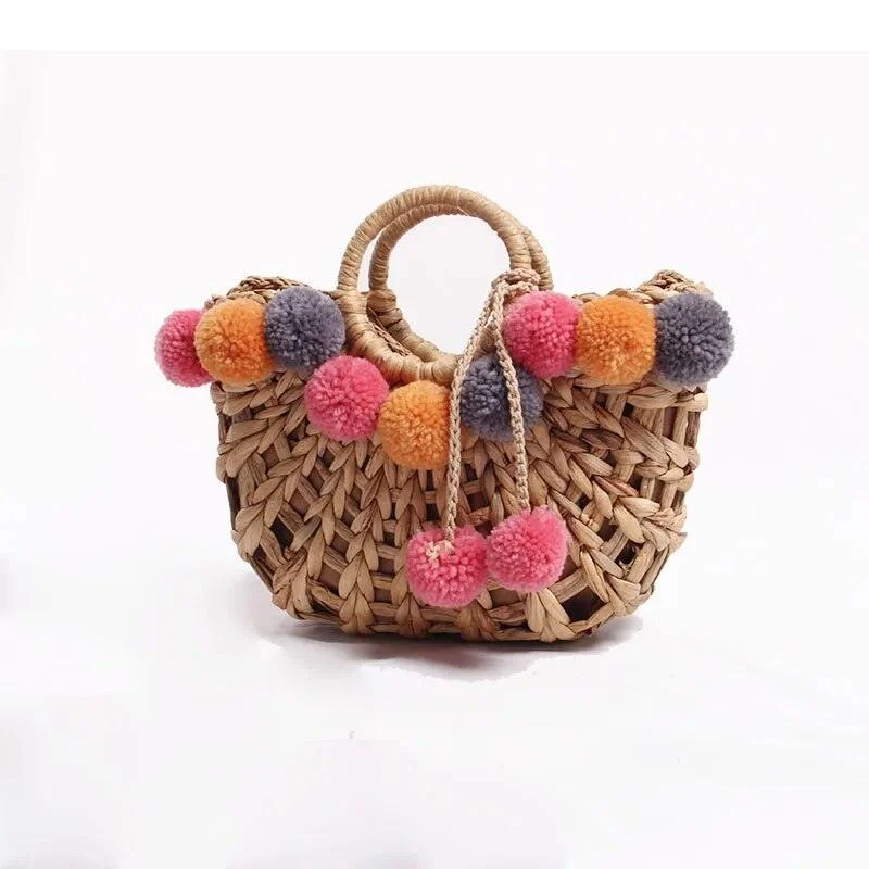 Colorful Wool Ball Pompom Basket Woven Straw Handbag - Glova