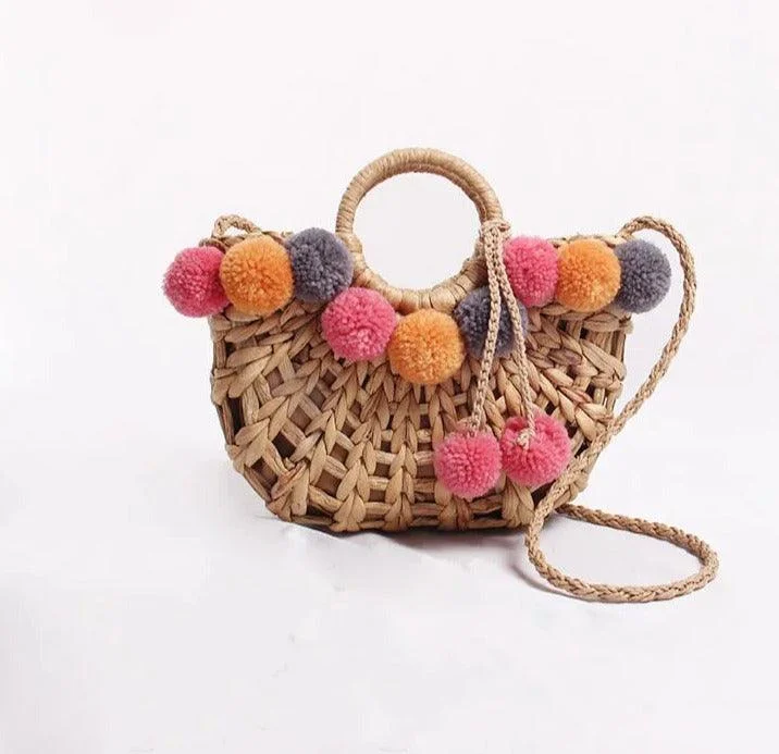 Colorful Wool Ball Pompom Basket Woven Straw Handbag - Glova