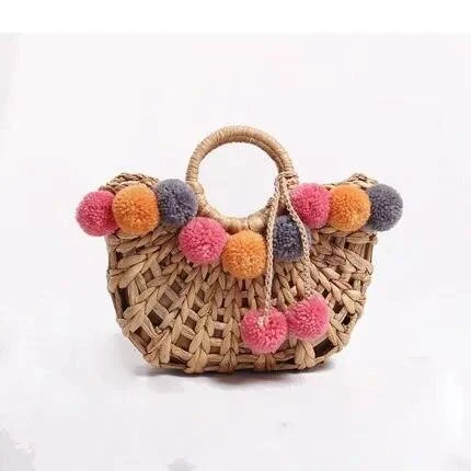 Colorful Wool Ball Pompom Basket Woven Straw Handbag - Glova