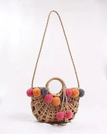 Colorful Wool Ball Pompom Basket Woven Straw Handbag - Glova