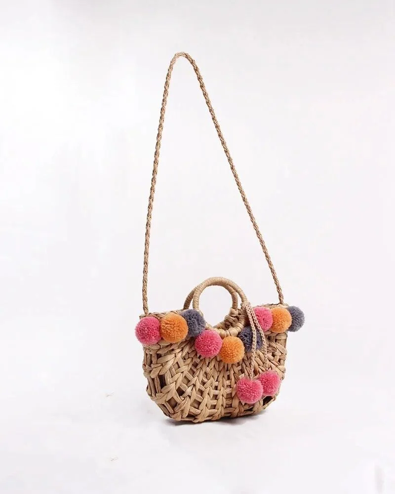 Colorful Wool Ball Pompom Basket Woven Straw Handbag - Glova