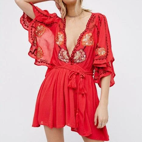 Coral Embroidered Mini Dress - Glova