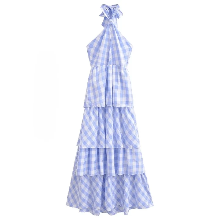 Cordelia Tiered Gingham Halter Maxi Dress - Glova