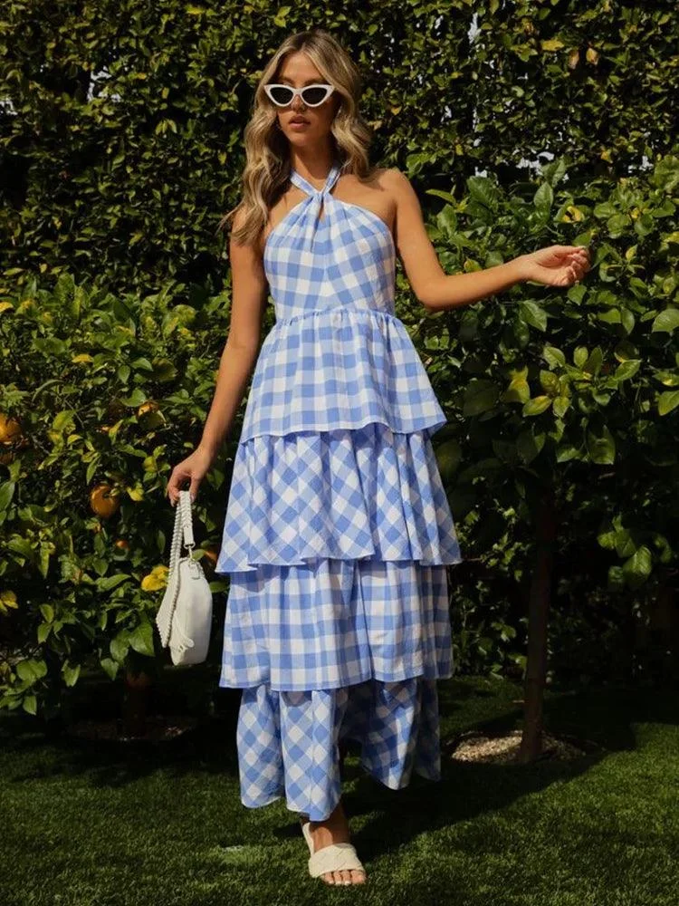 Cordelia Tiered Gingham Halter Maxi Dress - Glova