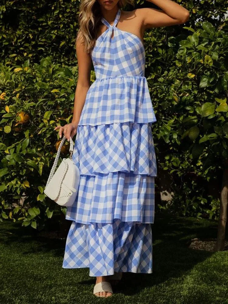 Cordelia Tiered Gingham Halter Maxi Dress - Glova