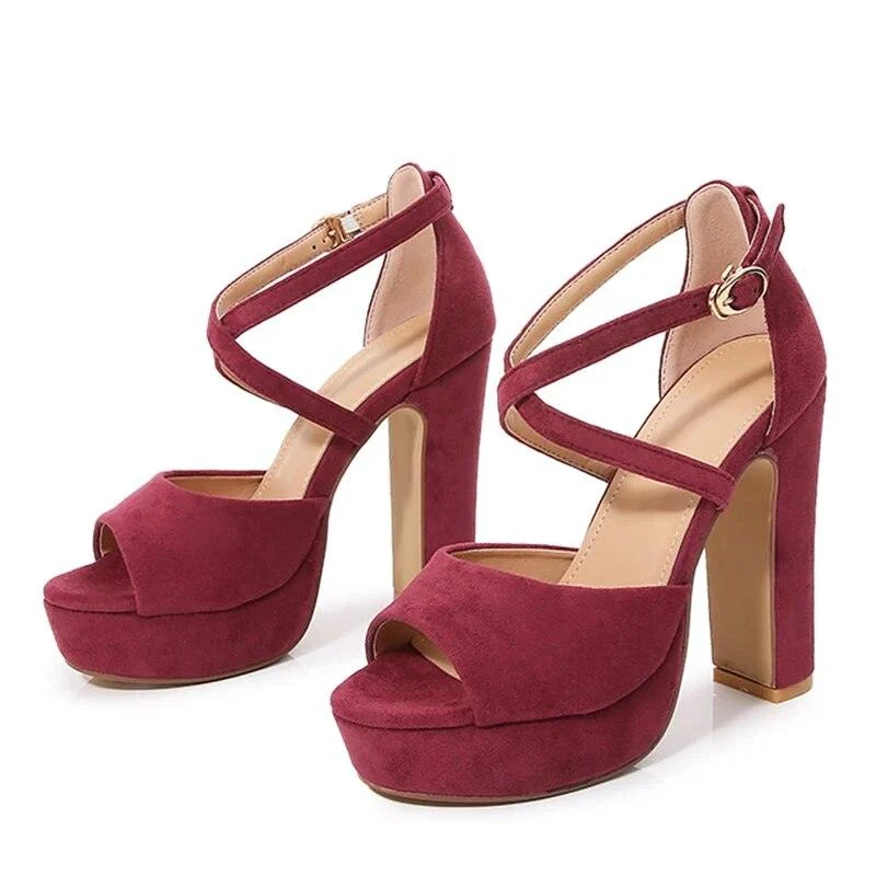 Corduroy Peep Toe Cover Heel Buckle Solid Color Sandals - Glova