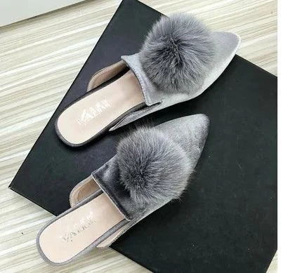 Corduroy Velvet Ball Slides Pointy Toe Shallow Mouth Flats Shoes - Glova