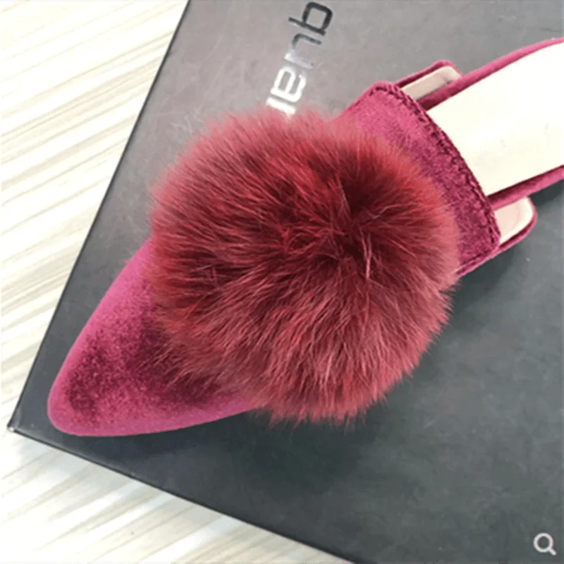 Corduroy Velvet Ball Slides Pointy Toe Shallow Mouth Flats Shoes - Glova