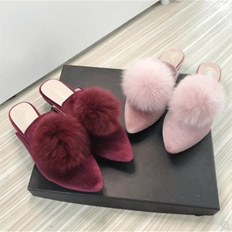 Corduroy Velvet Ball Slides Pointy Toe Shallow Mouth Flats Shoes - Glova