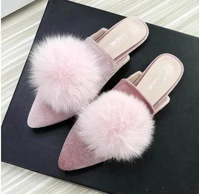 Corduroy Velvet Ball Slides Pointy Toe Shallow Mouth Flats Shoes - Glova