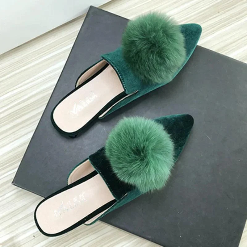 Corduroy Velvet Ball Slides Pointy Toe Shallow Mouth Flats Shoes - Glova