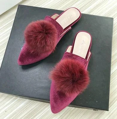 Corduroy Velvet Ball Slides Pointy Toe Shallow Mouth Flats Shoes - Glova