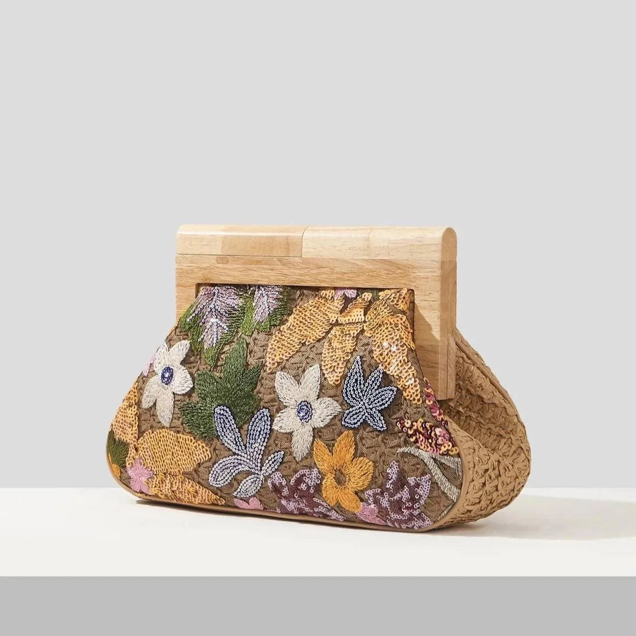 Corey Floral Sequin Straw Evening Clutch - Glova