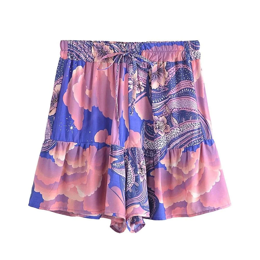 Cosmic Clouds Boho Shorts in Blue - Glova