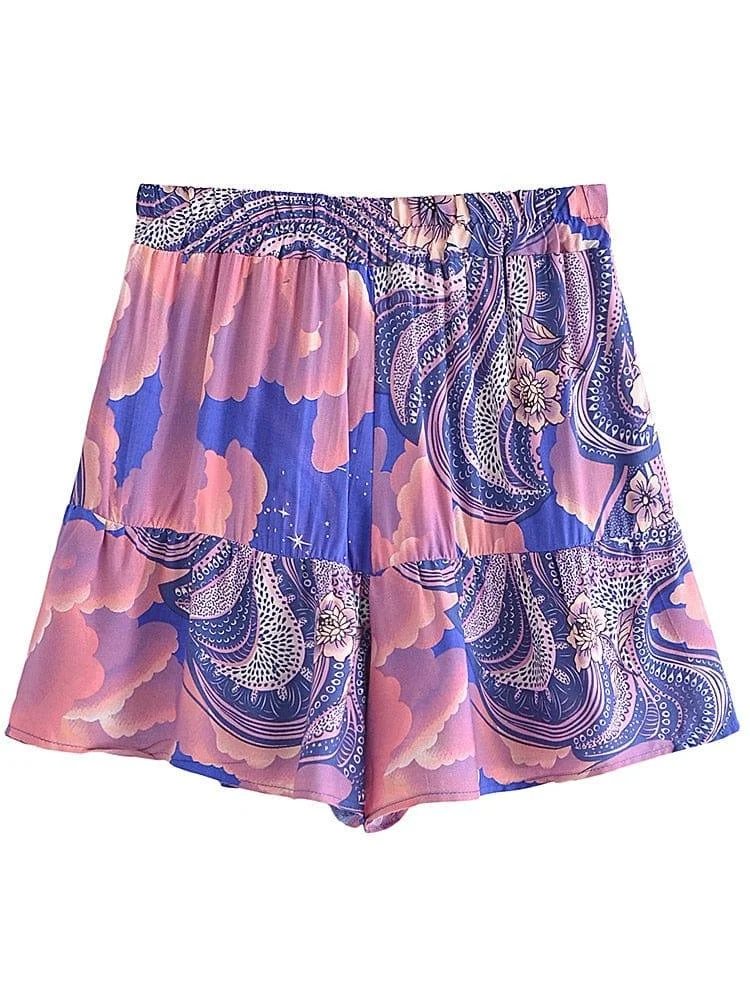 Cosmic Clouds Boho Shorts in Blue - Glova