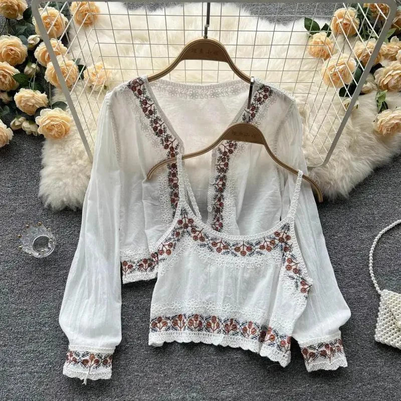 Cotton White Lace Floral Embroidery Long Sleeve Shirt - Glova