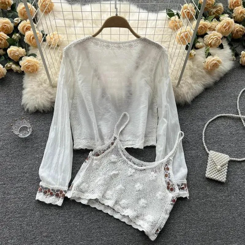 Cotton White Lace Floral Embroidery Long Sleeve Shirt - Glova